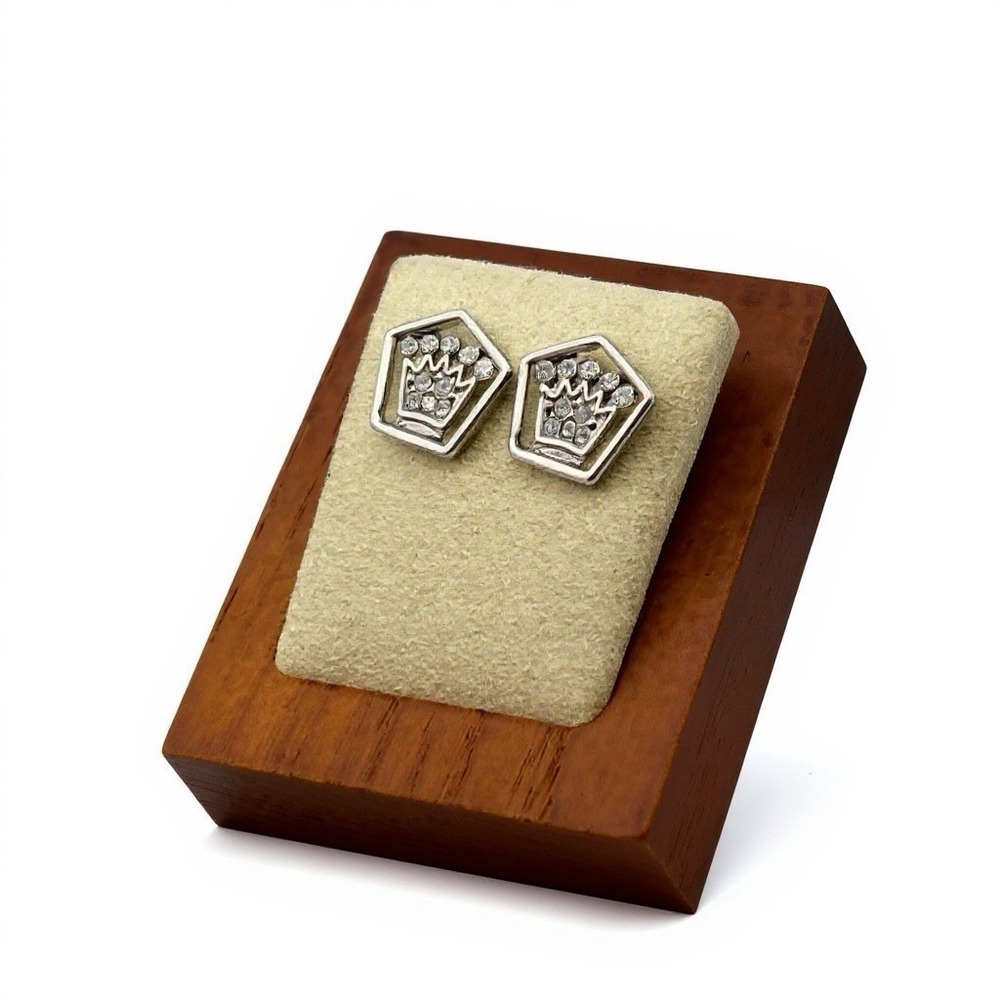 Thug Life Crown Stud‎ Earrings Surgical Steel Rhinestone Hexagon Silver Tone